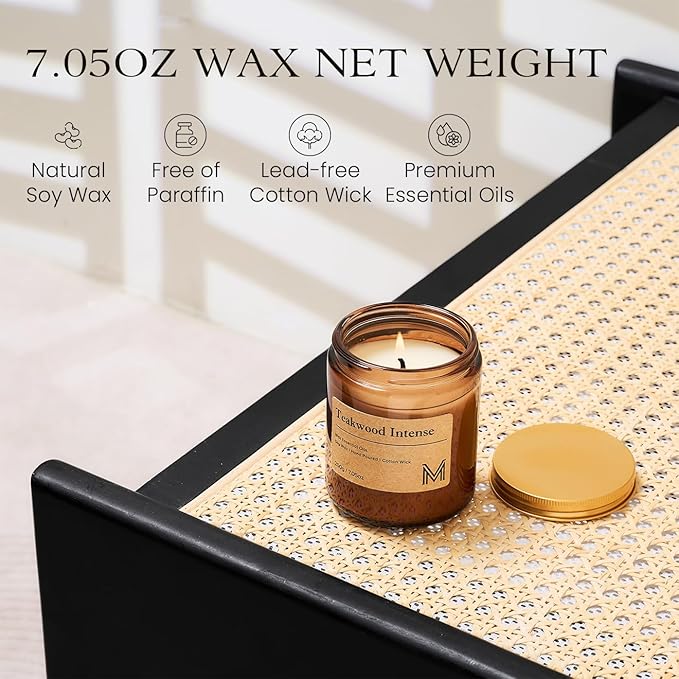 M&SENSE Teakwood Intense Candles for Home Scented Aromatherapy Candle Gift Set for Women and Men,7.05oz Soy Wax Long Lasting Amber Jar Candles Gift for Birthday Housewarming Mother's Valentine Day