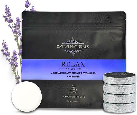 Aromatherapy Shower Steamers (6-Pack) Relax - Lavender Scented Vapor Tabs for Self-Care, Aromatic Shower Bath Bombs, Natural Essential Oils for Women & Men