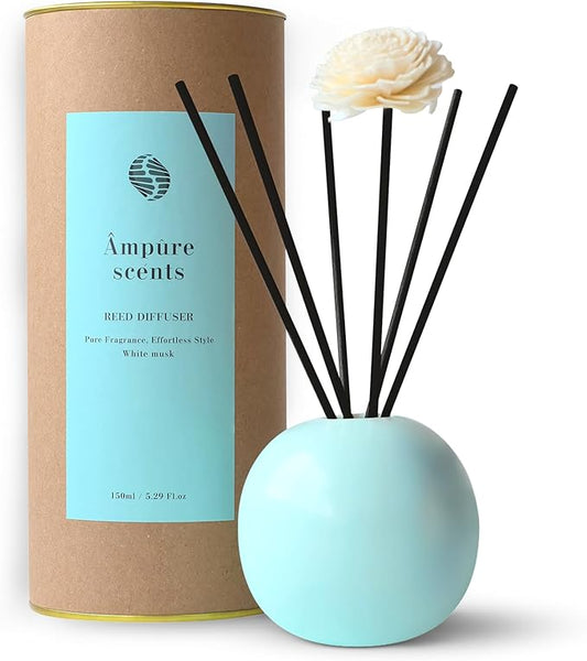 Ceramic Reed Diffuser for Home, Ampure White Musk Fragrance (2X Stronger, 4 to 6 Months of Usage) in a Scent Bowl - 5 Natural Fiber Reed Sticks & Decorative Flower Set, Office Decor, Eco-Friendly