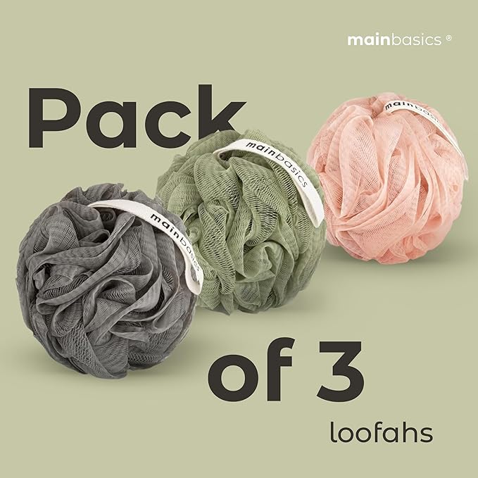 MainBasics Bath Shower Loofah Sponge Pouf Body Scrubber Exfoliator Body Wash Sponge (Set of 3, Earthy Love)