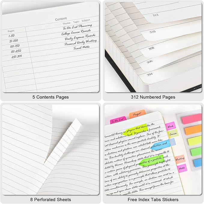 College Ruled Notebook, Large B5 Lined Journal Notebook, 314 Numbered Pages Work Notebook with Index Stickers, 100gsm Thick Paper, Hardcover Vegan Leather Journal for Women Men School Office, Pink