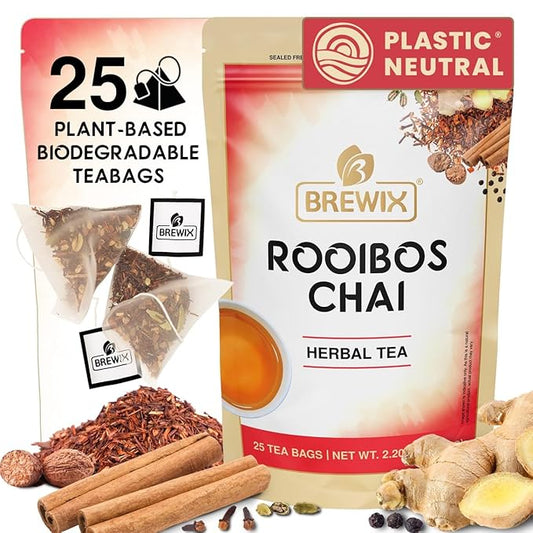 BREWIX, Rooibos Chai Tea Bags (25 Pyramid Tea Bags) Caffeine-Free, Herbal Tea, South African Red Tea | Rooibos, Cardamom, Cinnamon, Black Pepper, Nutmeg, Ginger & Clove