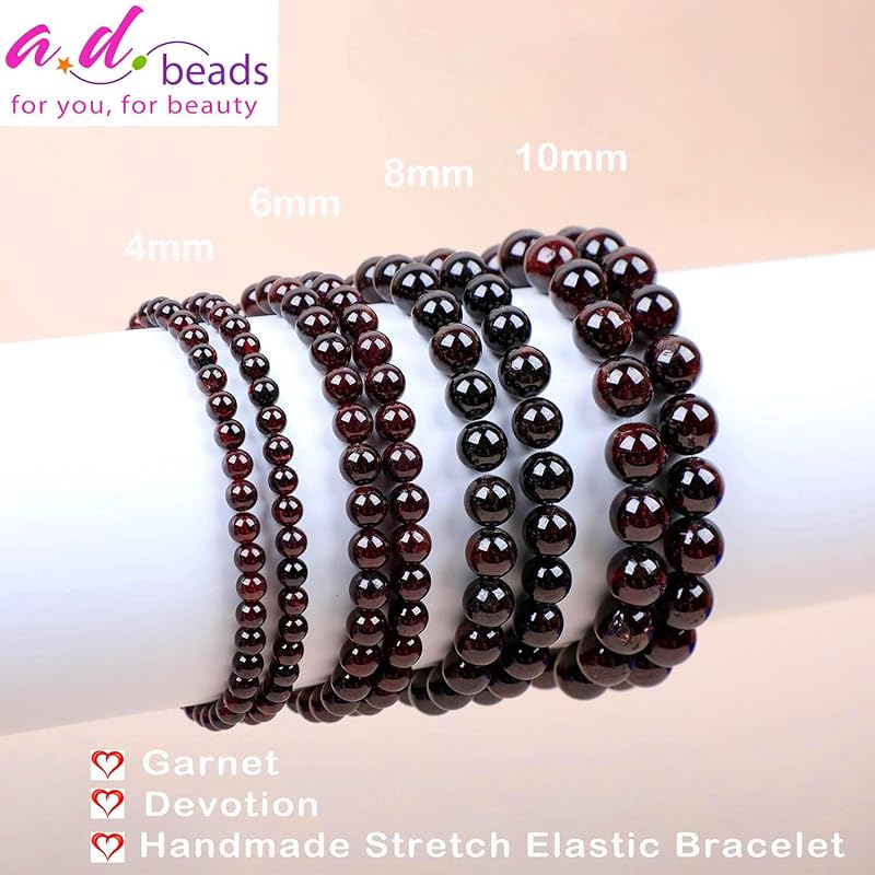 AD Beads Handmade Gemstone Stretch Elastic Bracelet Crystal Healing Reiki Nature's Beauty and Spiritual Essence Unisex (8mm, Garnet (Devotion))