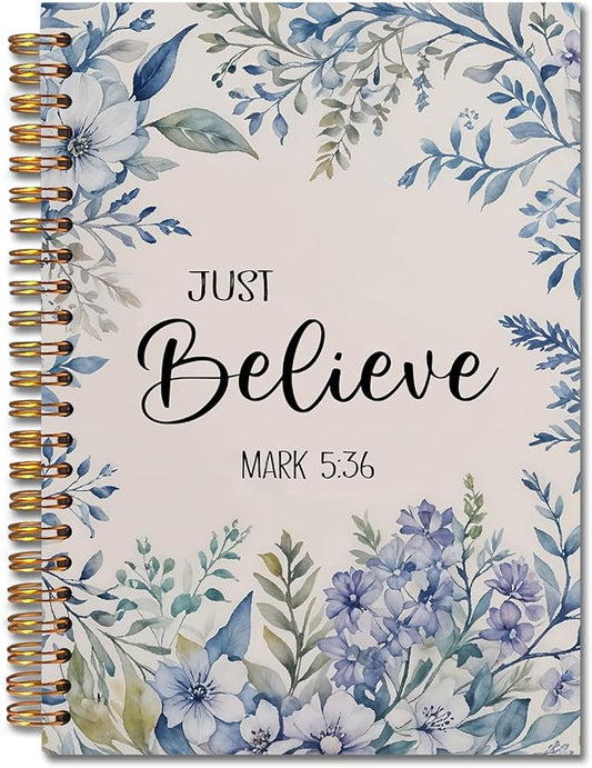 Floral Christian Spiral Notebooks, Just Believe Mark 5:36 Bible Journal, Scripture Journals for Writing, Christian Gifts for Women, Religious Notebook for Note Taking, 5.5x8.3 Inch