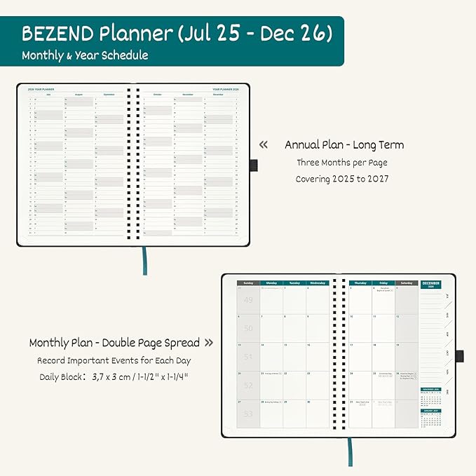 BEZEND 2026 Planner Weekly and Monthly (6" x 8.5"), 2-Column Calendar Book (Jul 25-Dec 26), Dual Schedule for Daily Appointment, Easy Track Tabs, Spiral Bound, PU Leather Softcover, Mustard