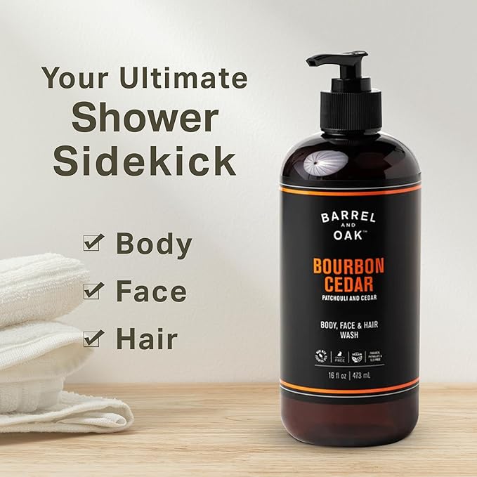 Barrel & Oak All-in-One Wash for Face, Hair, & Body, Vegan & Hydrating Face, Shampoo and Body Wash for Men, Grooming Kit Gifts for Men, Bourbon Cedar, 16 oz