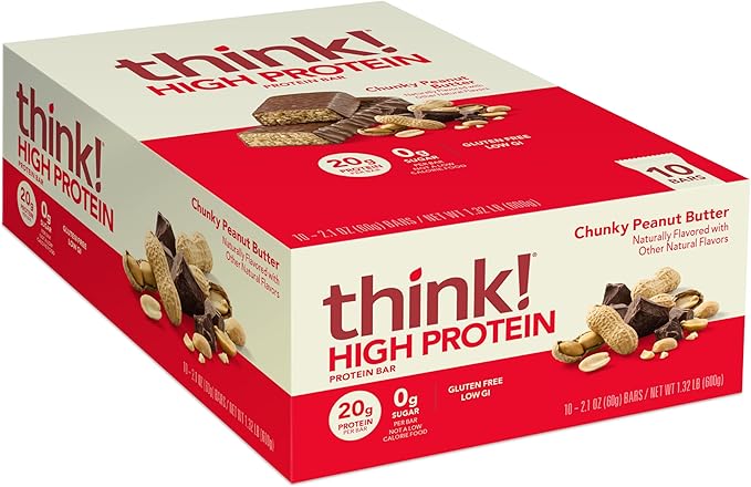 think! Protein Bars, High Protein Snacks, Gluten Free, Kosher Friendly, Chunky Peanut Butter, Nutrition Bars, 2.1 Oz per Bar, 10 Count (Packaging May Vary)