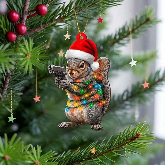 Funny Squirrel Christmas Ornament, Cute Holiday Tree Decoration with Santa Hat and Lights, Humorous Gift for Men & Women
