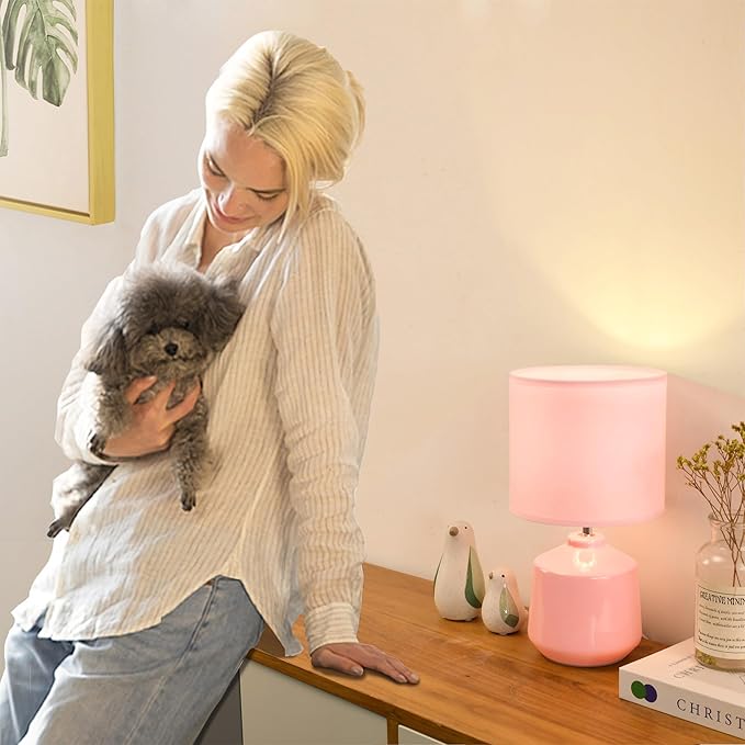 Lampwell Lena Small Modern Ceramic Pink Table Lamp, 7.09H12.99IN, Bedside & Night Lamp, Bulb Excluded