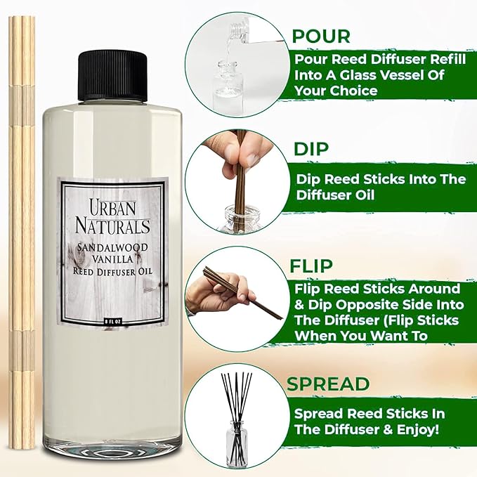Urban Naturals Reed Diffuser Oil Refill Sandalwood Vanilla with Tahitian Vanilla, Bourbon Notes 8 oz + Free Reed Sticks, Made in The USA