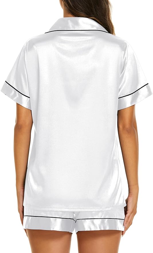 Ekouaer Silk Pajamas for Women Short Sleeve Sleepwear Soft Button Down Loungewear 2 Piece Satin Pjs Shorts Set S-XXL