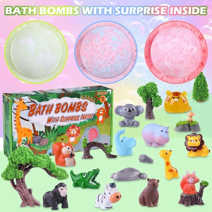 JOICEE Bath Bombs for Kids with Surprise Inside, 12 Pack Organic Natural Bath Bombs with Jungle Animal Toys Mini Model Trees Stones for Boys Girls Birthday Christmas Gift Set