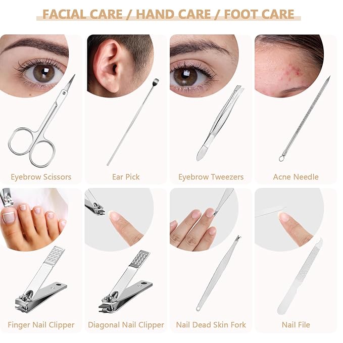 Geosar 12 Set 8 in 1 Manicure Set Stainless Steel Nail Clippers Kit Pedicure Care Tools with Leather Case Travel Grooming Kit Gift for Women Men(Glitter Rose Gold)