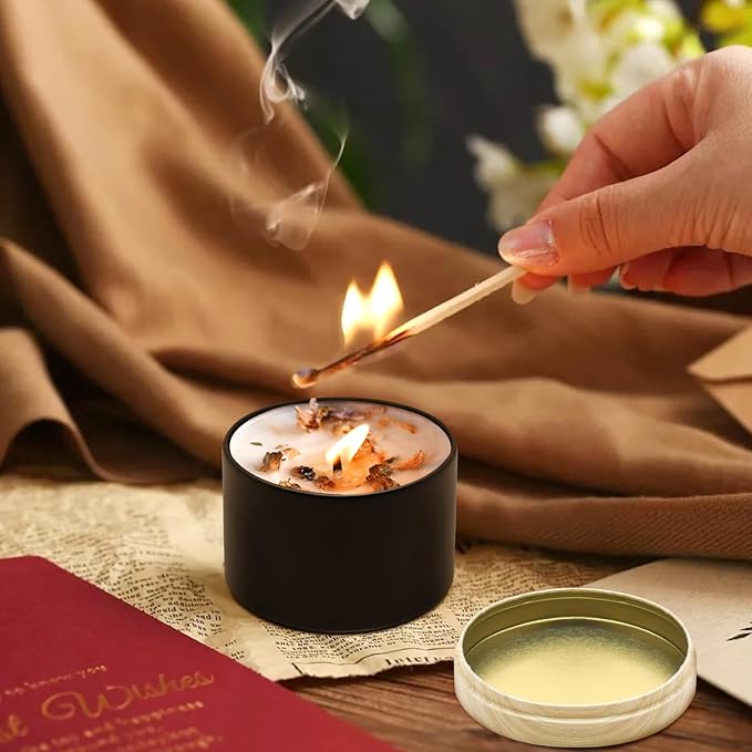 24-Pack Candle Jars, 12pcs 8oz + 12pcs 4oz Candle Tins with Metal Wood-Grain Printing Lids, Empty Candle Jars for Making Candles Bulk Candle Containers - Black