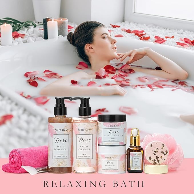 Spa Gifts for Women, Self Care Kit ROSE Scented with Facial Cleanser, Scrub Body Wash, Facial Clay Mask, Facial, Essential Oil, Birthday Gifts Skin Care Set, Mothers Day Christmas Gifts for Women