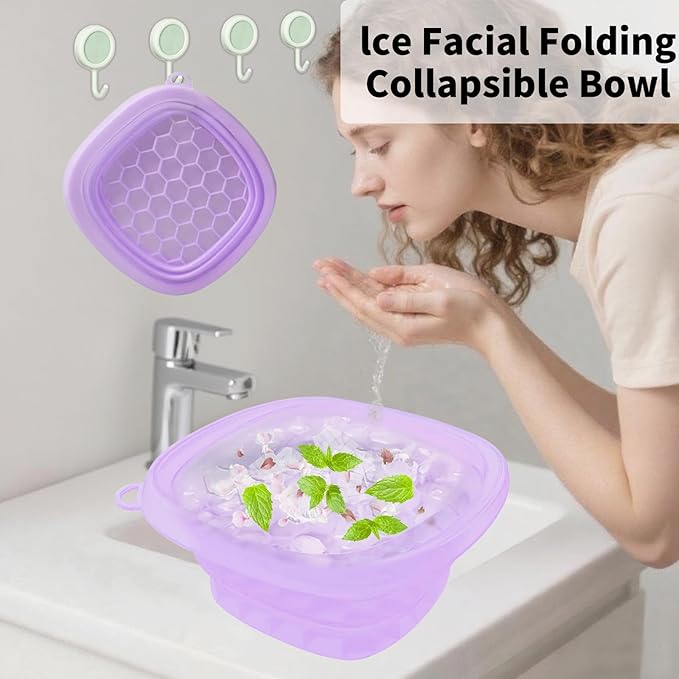 Face Bowl for Ice with Built-in IceTray,Collapsible Silicone Face Ice Bowl – Cold Plunge Therapy for Skin Tightening & Facial Treatment– Portable Spa Tool for Home & Travel（Purple)
