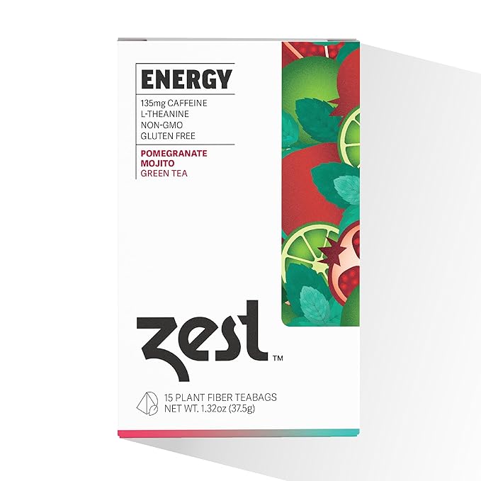 Zest Tea Premium Energy Hot Tea, High Caffeine Blend Natural & Healthy Black Coffee Substitute, Perfect for Keto, 135 mg Caffeine per Serving, Pomegranate Mojito Green Tea, Box of 15 Sachet Bags