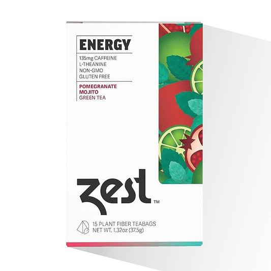 Zest Tea Premium Energy Hot Tea, High Caffeine Blend Natural & Healthy Black Coffee Substitute, Perfect for Keto, 135 mg Caffeine per Serving, Pomegranate Mojito Green Tea, Box of 15 Sachet Bags
