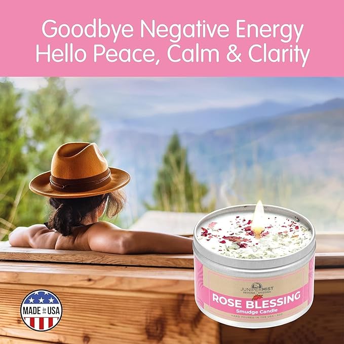 Rose Smudge Candle (6oz) Love and Healing – Energy Cleansing Candle - Real Sage & Essential Oils – Spiritual for Protection, Meditation & Manifestation – Soy-Based - Made in The USA