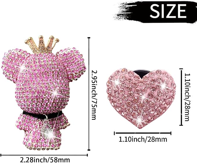 Heart & Bear 4 Pcs Bling Heart Air Vent Clips - Diamond Car Diffuser & Interior Decor Charm - Cute Car Accessories & Decoration for Women + Cute Butterfly Mask Hook (Pink, 1)