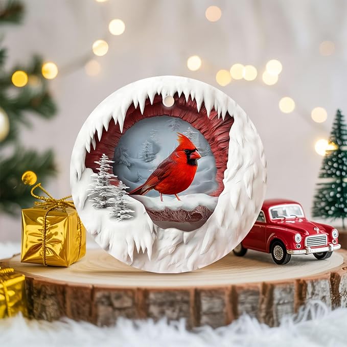 34HD Gifts for Christmas, Cardinal Ornament Ceramic 2-Side Printed, Bird Xmas Holiday Trees Decorations, Animal Memorial Gifts for Women Men Daughter