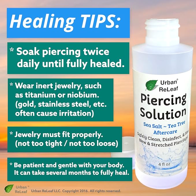 Urban ReLeaf Piercing Solution ! Soothing Sea Salts & Tea Tree AFTERCARE 4 oz, Ready to use. Safely Clean and Calm New & Stretched Piercings. Gentle Effective Natural & Proven. Works Fast
