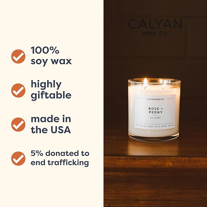 Calyan Wax Co. 2 Wick Candle, Rose + Peony Scented Candle, 37 Hour Burn Time, Aromatherapy Soy Candles, Non Toxic & Vegan Soy Wax, Glass Tumbler Scented Candles, 12.5oz