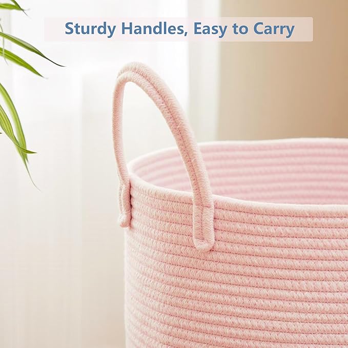 80L Extra Large Pink Hamper Laundry Basket for Baby Girls Tall Nursery Hamper for Kids Woven Rope Clothes Basket for Little Girls Room Bedroom Light Pink Kawaii Tall Laundry Bin