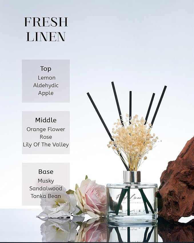 M&SENSE Reed Diffuser Set with 7 Sticks | 7.0oz Fresh Linen & Lemon Scent, Home Fragrance Flame Free Diffuser for Housewarming Gifts, Long Lasting Room Fresheners Shelf Décor with Flower