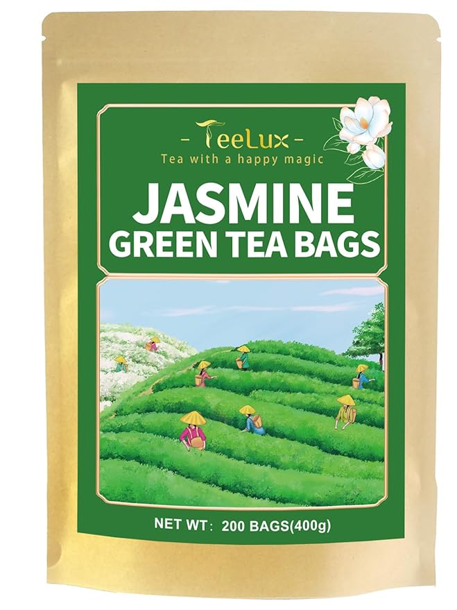 TeeLux Jasmine Green Tea Bags, Natural Caffeinated Jasmine Scented Green Tea with Pleasant Aroma, Smooth Taste, 200 Count