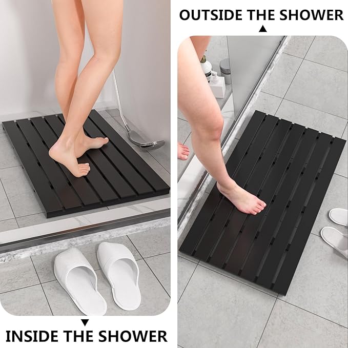 Domax Wooden Bamboo Bath Shower Mat- Non-Slip Waterproof Large Bathroom Floor Mat for Indoor Outdoor (Black, 31.3 x 18.1 x 1.5 Inches)