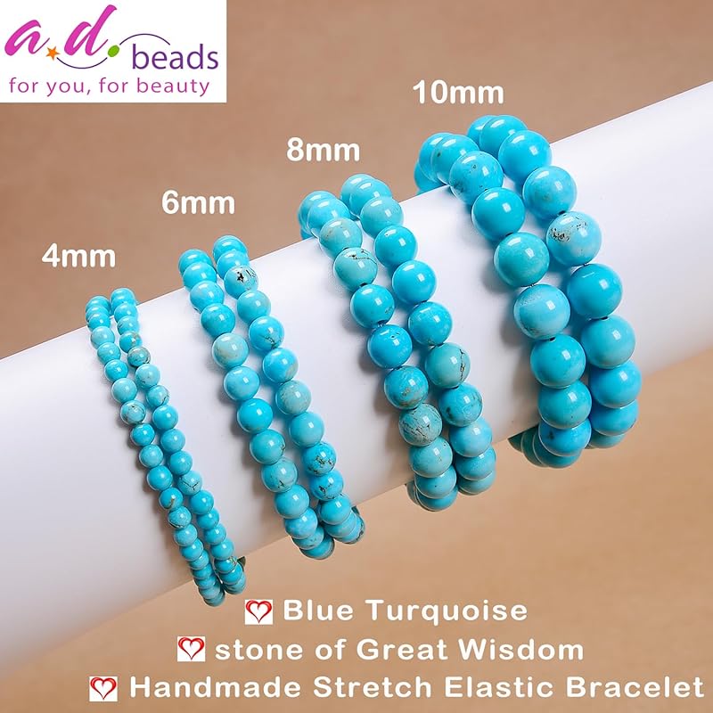AD Beads Handmade Gemstone Stretch Elastic Bracelet Crystal Healing Reiki Nature's Beauty and Spiritual Essence Unisex (4mm, Blue Turquoise (Great Wisdom))