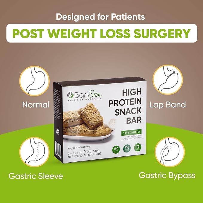 BariSlim High Protein Snack Bar for Bariatric Patients - Nutrient Rich Snack for Post-Surgery Wellness - Ideal for Weight Loss Maintenance & Daily Nutrition | Fluffy Nutter Bar (13 oz)
