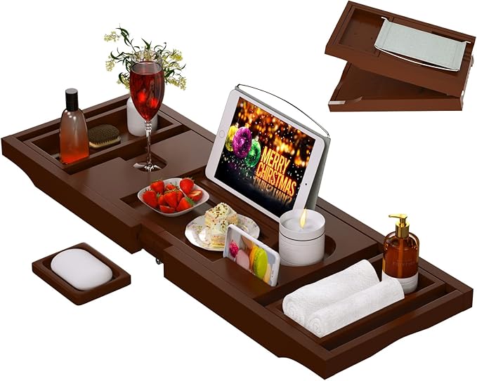 Bathtub Caddy Tray for Tub, Foldable Bamboo Bath Table Tray with Book and Wine Glass Holder, Expandable Bathroom Accessories with Free Soap Dish Suitable for Luxury Spa or Reading, Brown