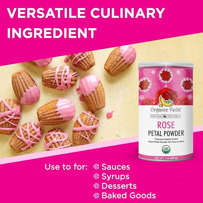 Organic Veda Edible Rose Petal Powder - Organic Rose Petal Powder for Cooking, Herbal Tea, Smoothies, Toppings - Natural Rose Petal Powder for DIY Face Masks, Skin & Hair Care - Vegan, No Gluten - 7oz