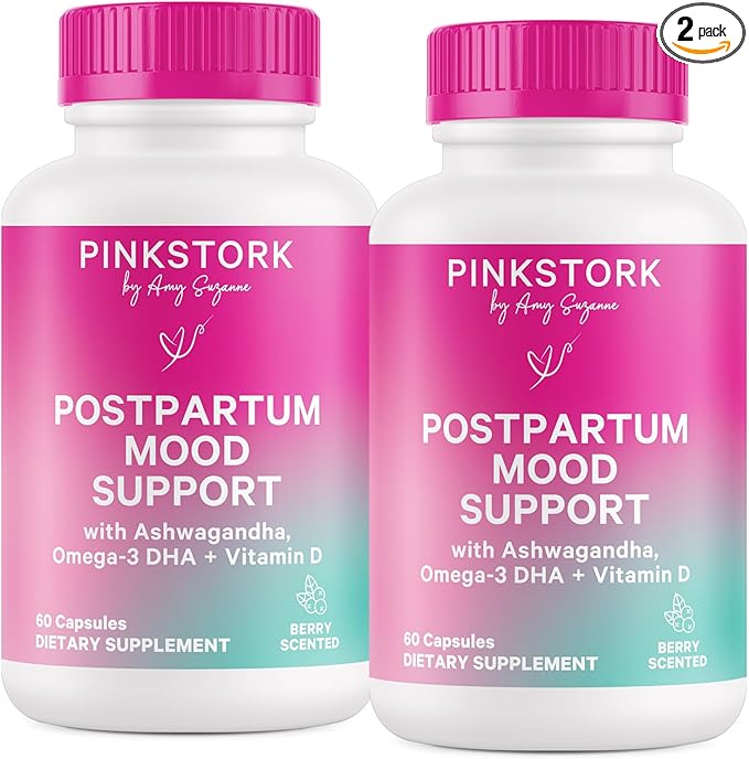 Pink Stork Postpartum Mood Support - Postnatal Hormone Balance for Women - Breastfeeding Friendly - Stress & Cognitive Support, New Mom Essentials - Ashwagandha, Chamomile, & Vitamin D, 120 Capsules