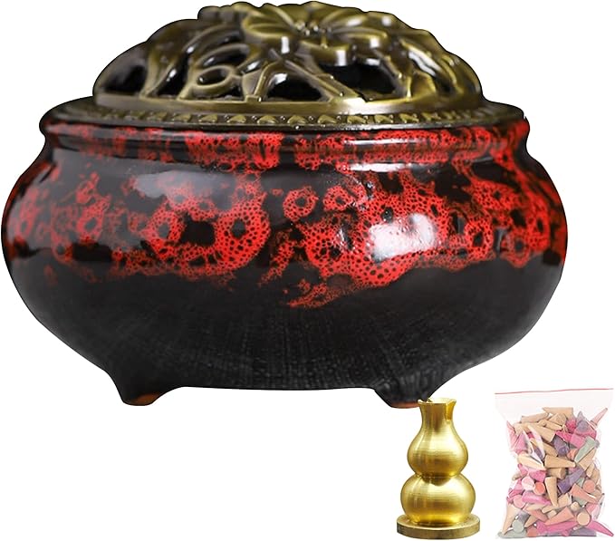Ceramic Incense Burner with Lid, Bowl Burner， Cone Incense Burner, Ceramic Censer Suitable for Incense/Cone/Coil/Sticks, There are 30 Incense Cones+ Metal Incense Holder+Fireproof Cotton Inside.