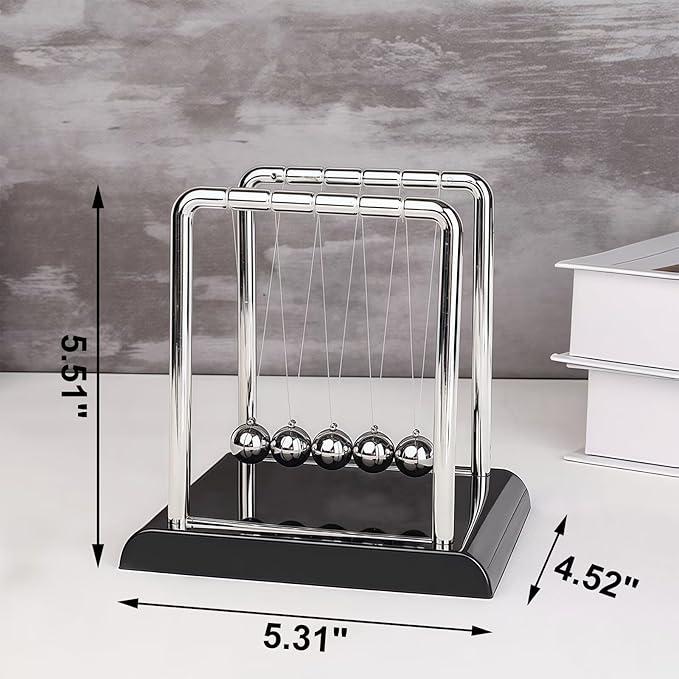 Newton's Cradle Swinging Balls, Balance Pendulum with Black Base, Fun Science Physics Toy, Calm Down Fidget Accessory, Desk Stress Relief Toy, Office Decoration (Medium Black)