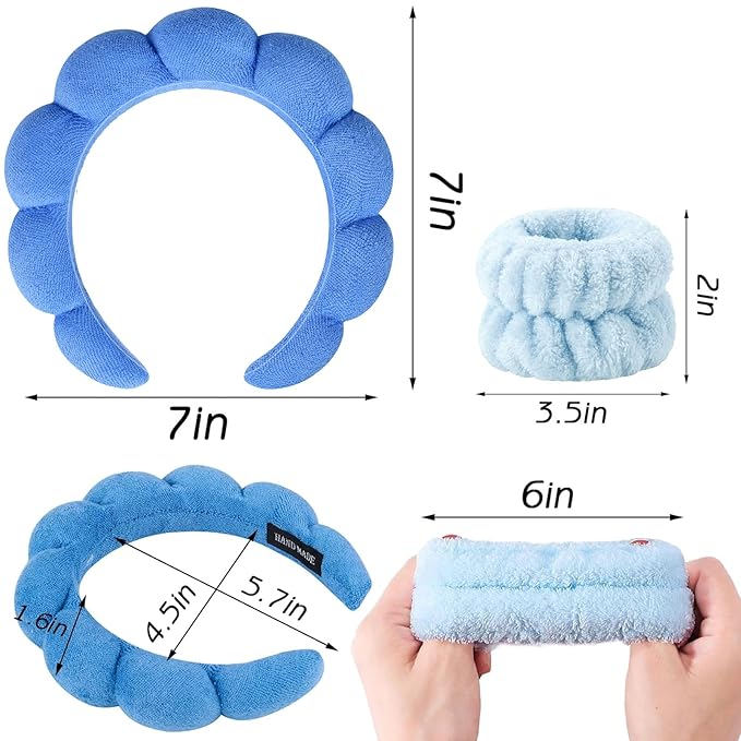 Zkptops Spa Headband for Washing Face Wristband Set Sponge Makeup Skincare Terry Cloth Bubble Soft Get Ready Hairband for Women Girl Puffy Padded Headwear Non Slip Thick Hair Accessory(Dark Blue)