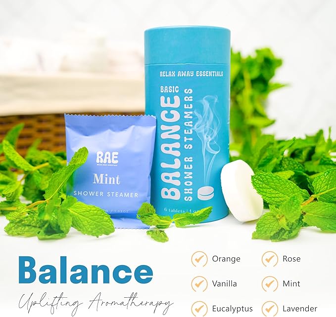 Relax Away Balance Shower Steamers 6 Pack - Aromatherapy Tablets - Essential Oils - Orange, Vanilla, Rose, Eucalyptus, Lavender, Mint - Spa-Like Shower Experience - Easy-Open Packaging