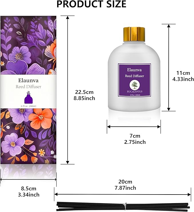 Eucalyptus Reed Diffuser Sets,6.7fl oz(200ml) with 8 Sticks,Fragrance/Aromatherapy for Livingroom/Office/Kitchen/Entryway/Bathroom,Shelf Decor,Home Accessories,Air Freshener(Eucalyptus)