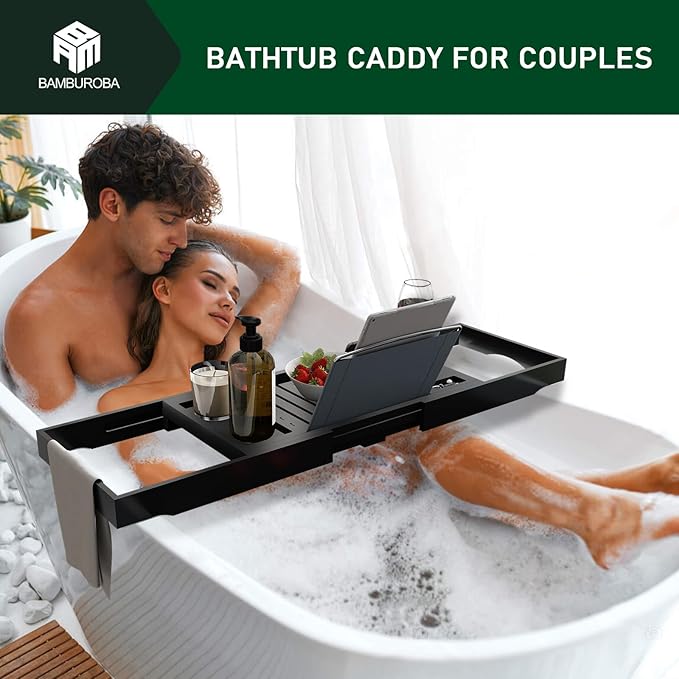 Foldable Bamboo Bathtub Caddy Tray Expandable for Luxury Bath, Bath Accessories & Table with Wine Glass Holder, Book Stand Bathroom Organizer with Extending Sides for Men/Women,Black