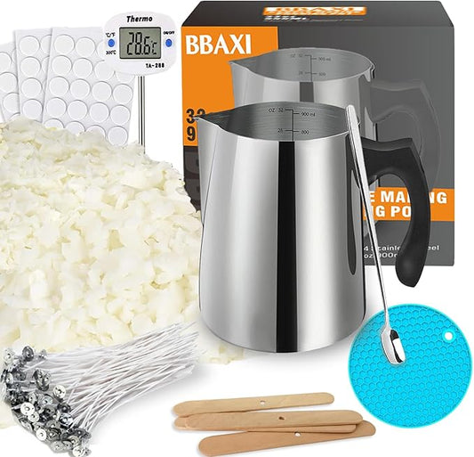 BBAXI Candle Making kit Supplies，Nature Soy Wax DIY Craft Tools with 32oz Candle Making Pouring Pot,16oz Soy Wax,Wooden Wick Holders, Candle Wicks,Stickers,Thermometer and Spoon for Beginners Adults