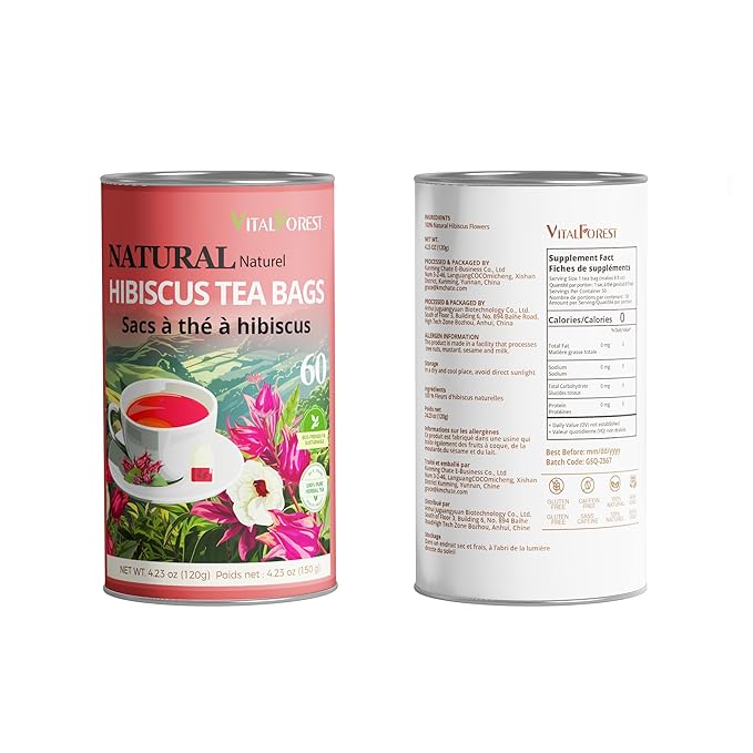 60 Hibiscus Flower Tea Bags, 2g/Bags, VitalForest Hibiscus Tea Roselle Tea, Natural Flor de Jamaica Flower, Caffeine Free, Non-GMO, Unbleached Bags, Canister Packaged