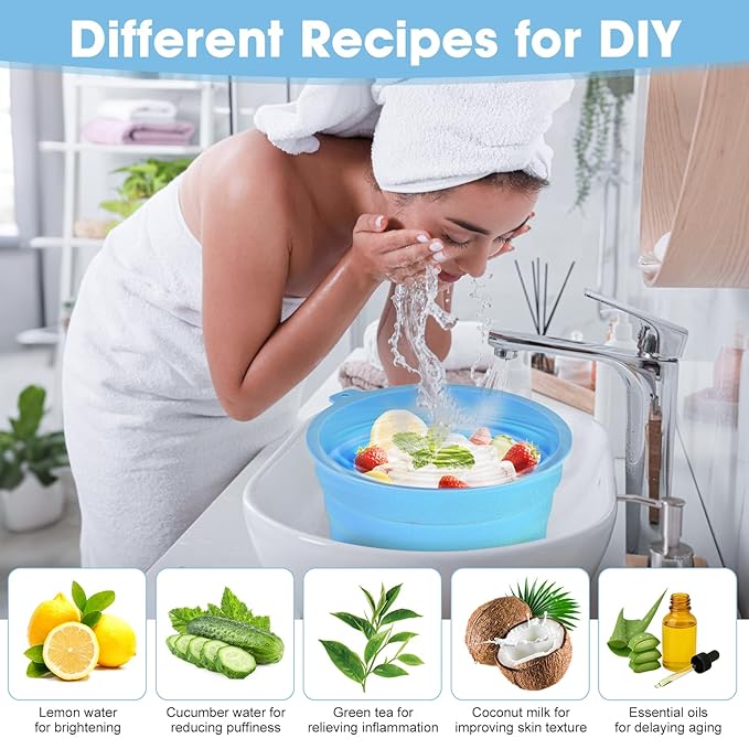 Face Bowl for Ice Silicone Facial Bowls with Built - in Tray Foldable Washbasin for Face Tub Plunge & Cold Plunge Quick Skin Cooling in Ice Baths -Bath Spa Tool for Home Camping Travel & Blue