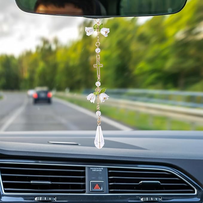 Cross Crystal Car Rearview Mirror Charm - Lily of The Valley Flower Beaded Pendant, Elegant Hanging Cars Interior Decor Ornament & Accessories, for Women Mom