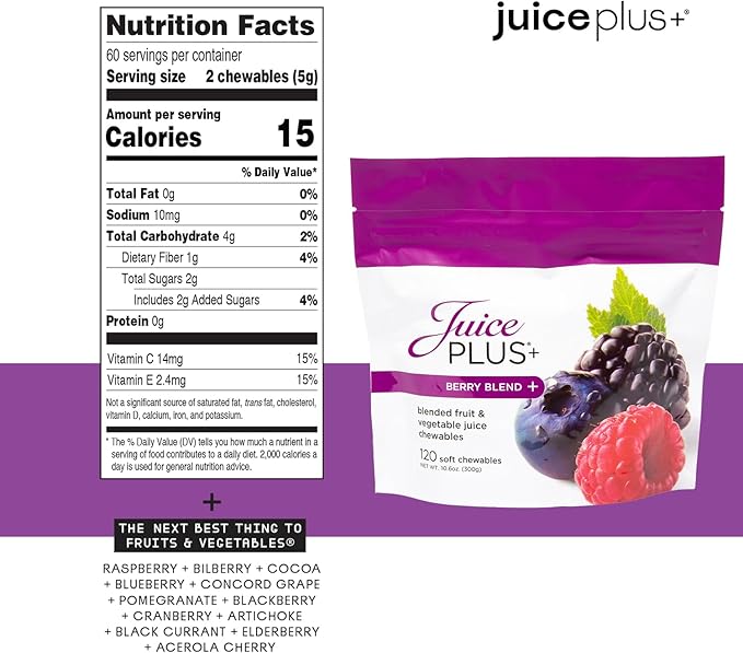JuicePlus+ Fruit, Vegetable & Berry Blend Soft Chews (Chewables) - 30 Plant-Based Ingredients! Vegan Gummies for Kids & Adults - Gluten-Free, Non-GMO, No HFCS - Prepacked 3 pouches (30 Chews Each)