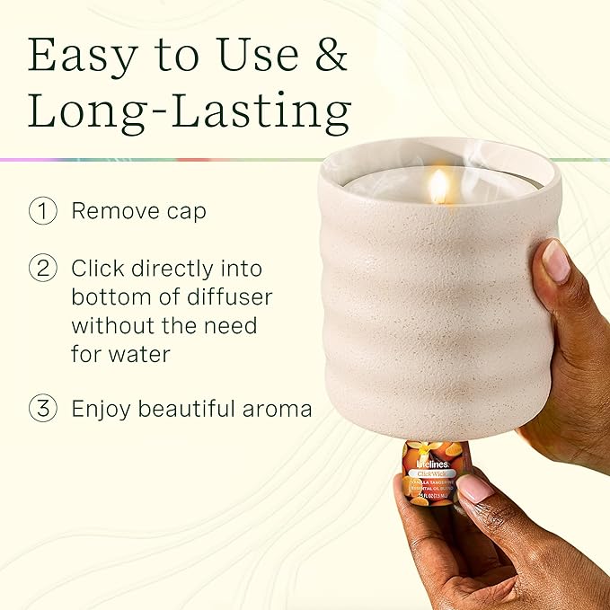 Lifelines Flameless Candle Aromatherapy Essential Oil Diffuser with 2 ClickWick Essential Oil Blends - Cordless & Waterless Diffuser for Home - Scented Electric Candles Blow Out Flame - Frosted Cream