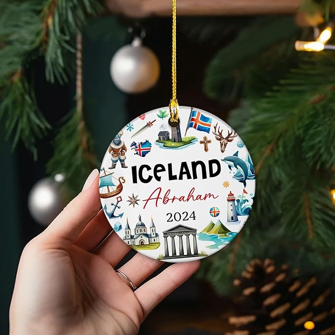 Custom Name Iceland Landmarks Ceramic Ornament, Personalized Souvenir Christmas Tree Keepsake Decor