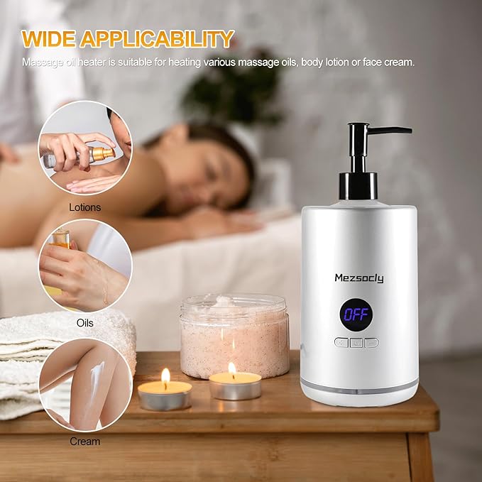 Oil Warmer for Massage, Mezsocly massage oil warmer for scented oil, Oil Warmer, Body Oils Heater for Spa, Salon and Barber Shops, with 2 Oil Bottle Dispensers, Constant Temperature, White
